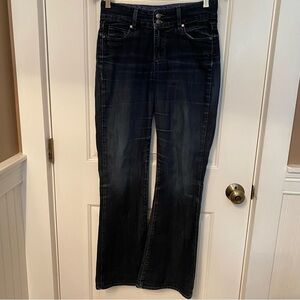 PAIGE JEANS BLUE DENIM WIDE LEG FLARE STRETCH 5 POCKET ZIP FLY USA SIZE 28